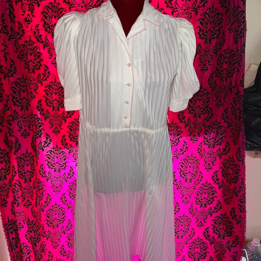 Vintage 70s Semi Sheer White Pink Trim Puff Sleeve Preppy Dress M/L Blouson